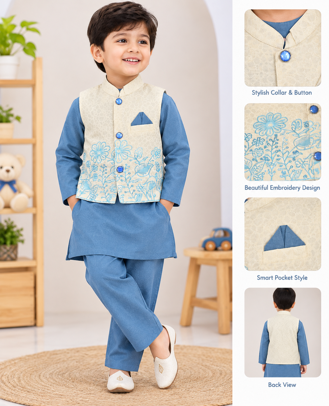 Boys Elegant Panjabi & Pajama Set with Embroidered Koti Outfit