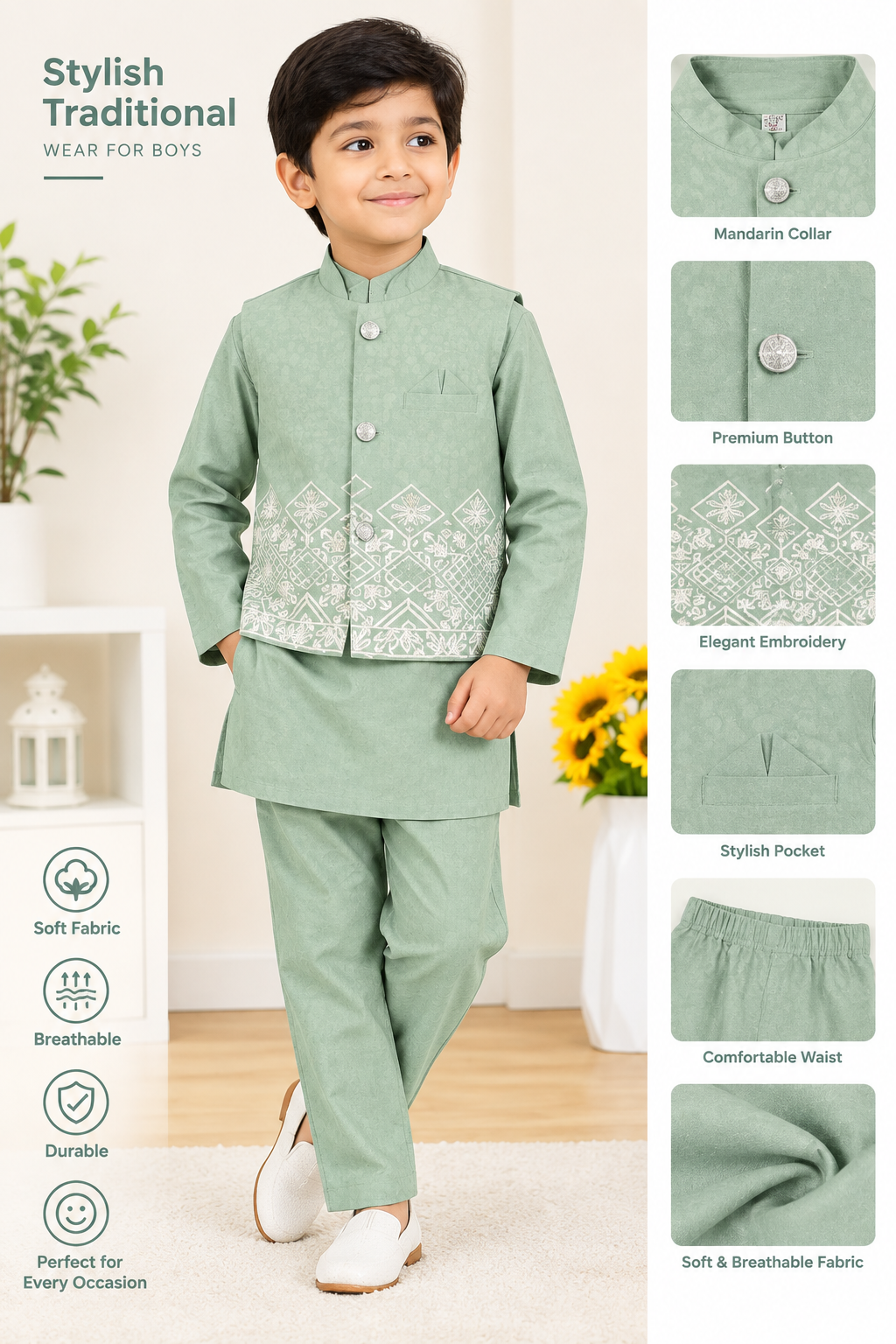Boys Sage Green Panjabi Set with Geometrical Embroidered Waistcoat (1-5 Years)