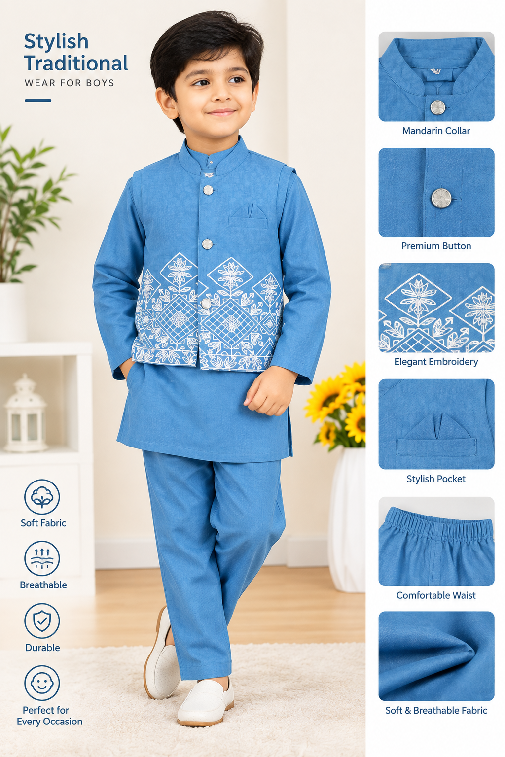 Boys Premium Sky Blue Embroidered Kabli Set with Vest