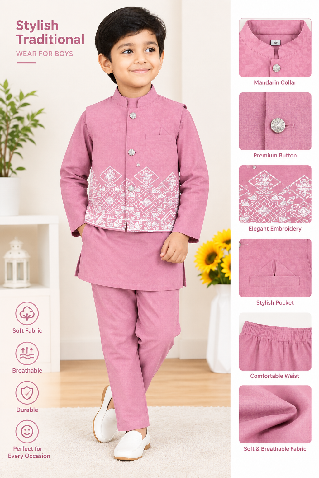 Boys Premium Pink Embroidered Kabli Set with Vest
