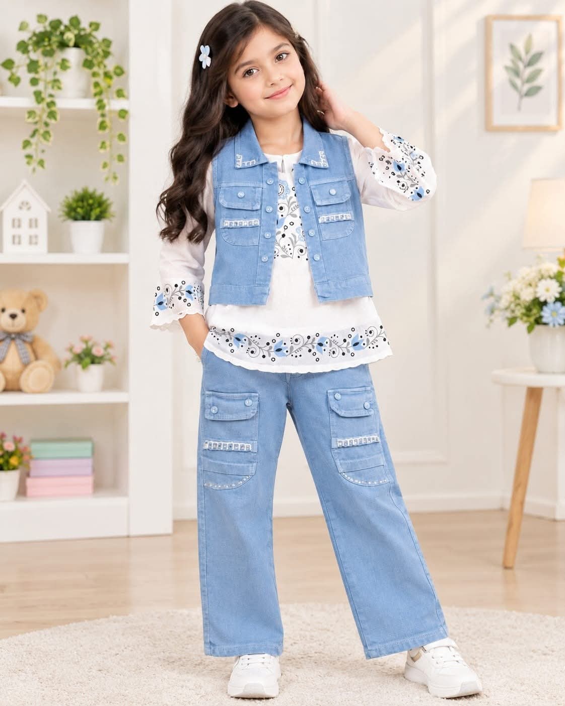 Girls Premium 3-Piece Denim Waistcoat Set with Floral Printed Top & Jeans Pants