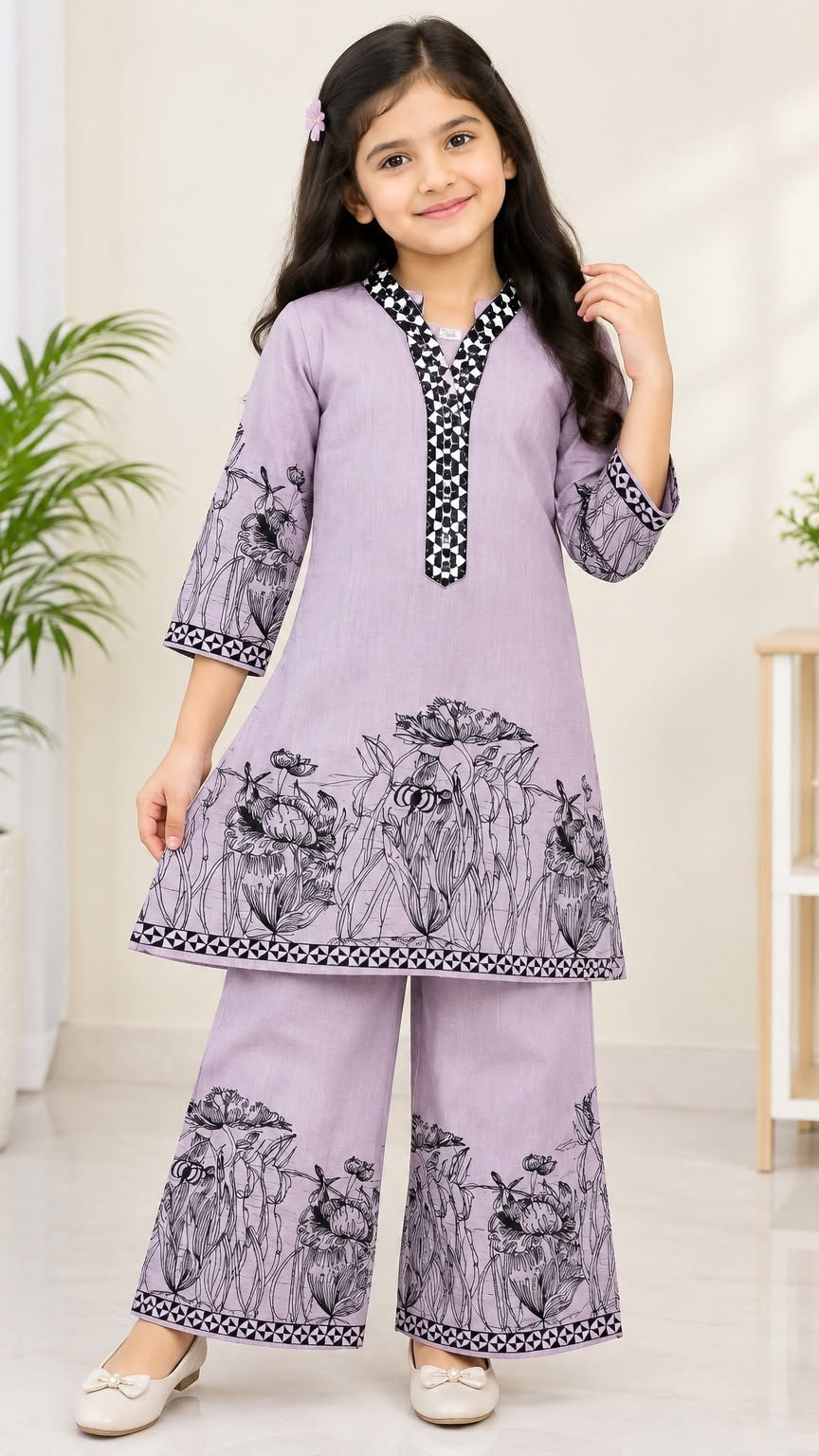Premium Floral Printed Cotton Kurti & Wide-Leg Trouser Set for Girls (3-10 Years)