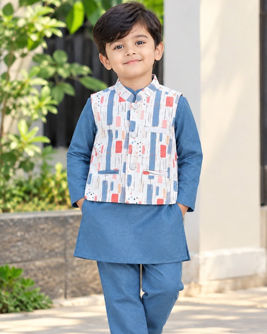 Kids Festive Printed Kurta-Pajama with Printed Waistcoat Set (3-Piece)