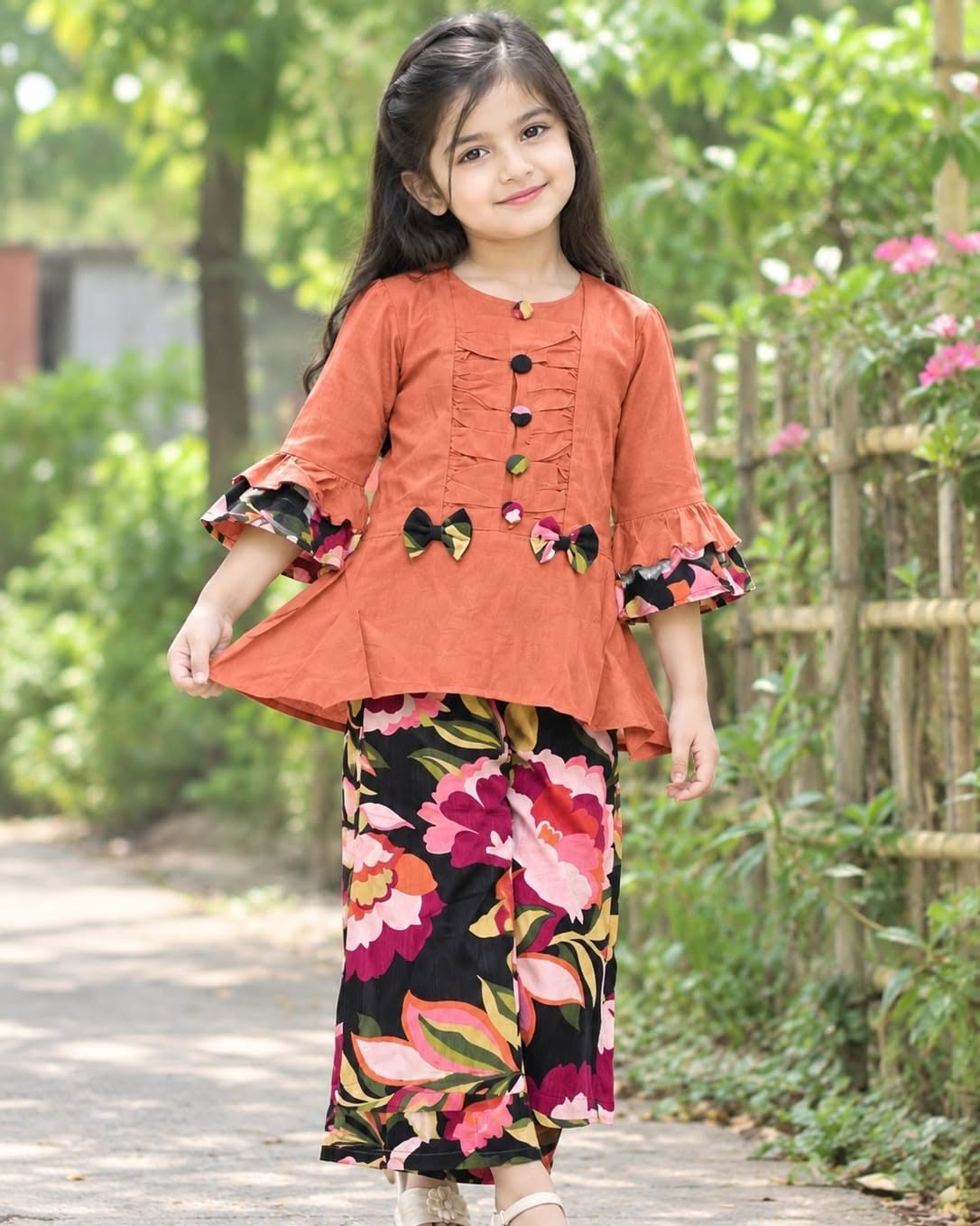 Girls Stylish Terracotta Orange Top & Floral Palazzo Pants Set (1 to 5 Years)
