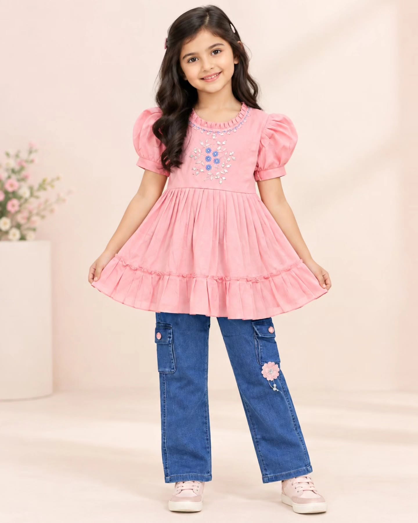 Girls Stylish Sea Green Embroidered Frock Top with Floral Denim Jeans 2-Piece Set (4 to 10 Years)